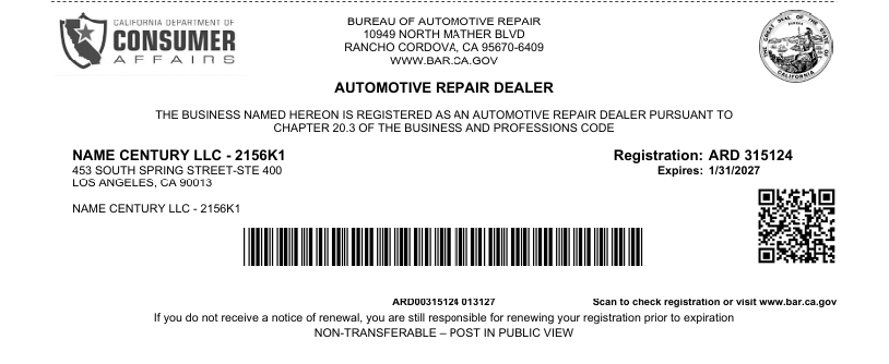 Auto Repair Dealer License ADR#315124